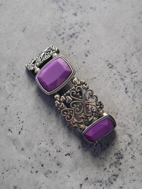 Silver Tone Purple Stone Stretch Bracelet Ornate Filigree Panel Statement Jewelr